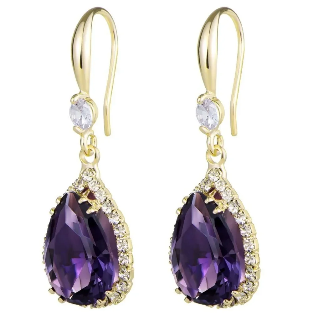 14K Yellow Gold and Purple Amethyst Cubic Zirconia Teardrop Hook Dangle Earrings